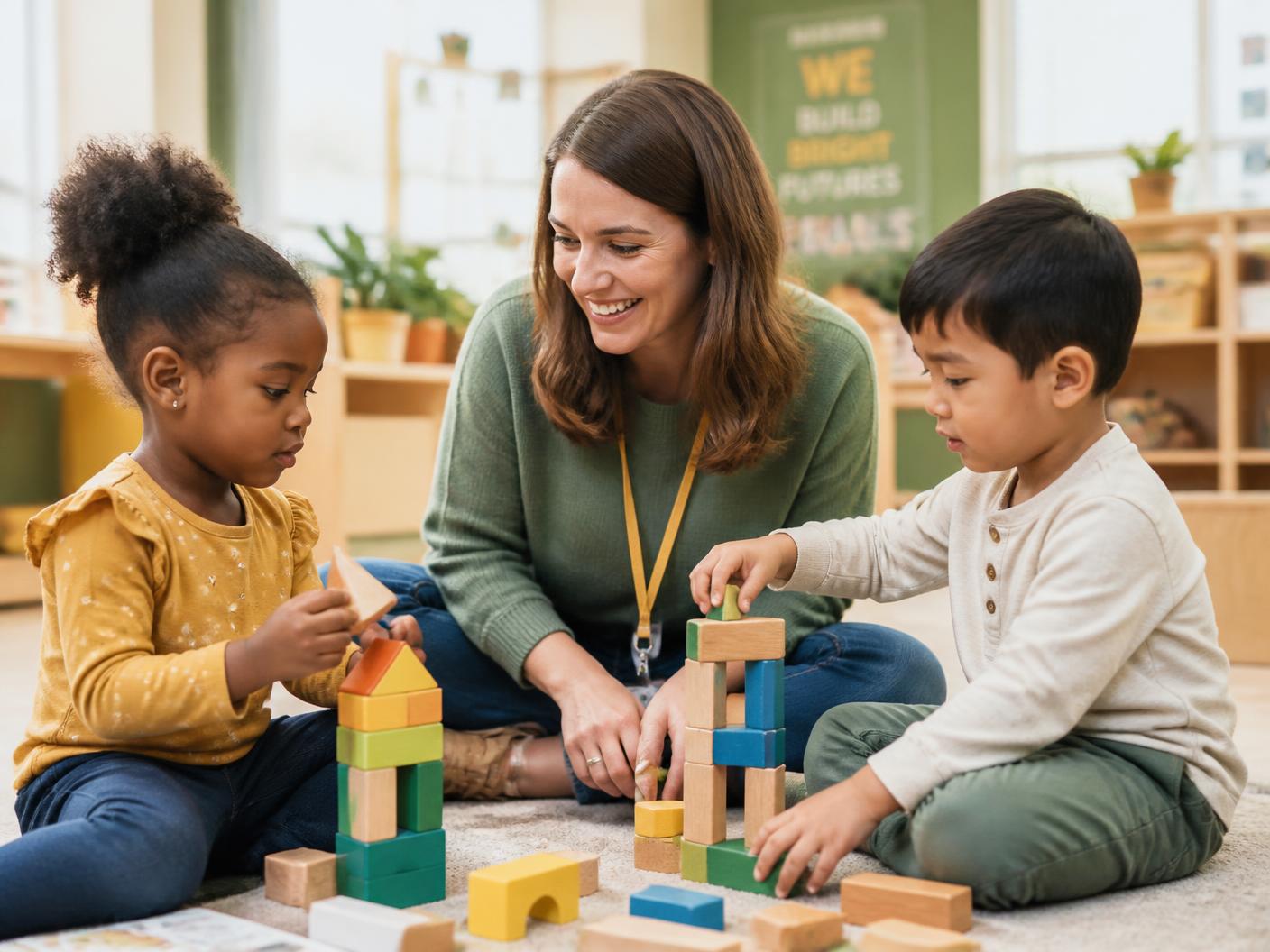 Teacher building with wooden blocks alongside two preschool children
