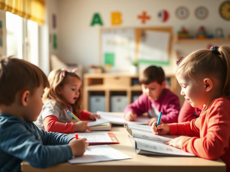 Preschool children writing and reading with a teacher